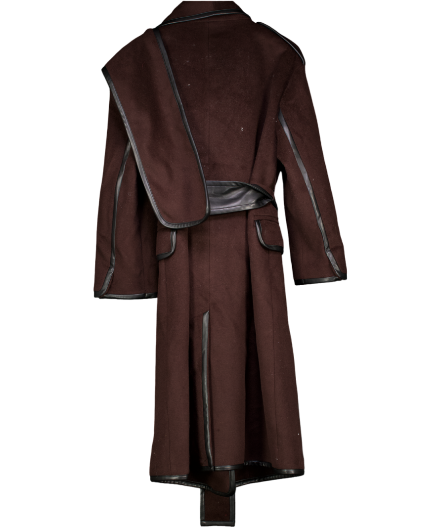 Karen Millen Brown Brushed Wool Pu Mix Scarf Neck Belted Tailored Maxi Coat UK 16