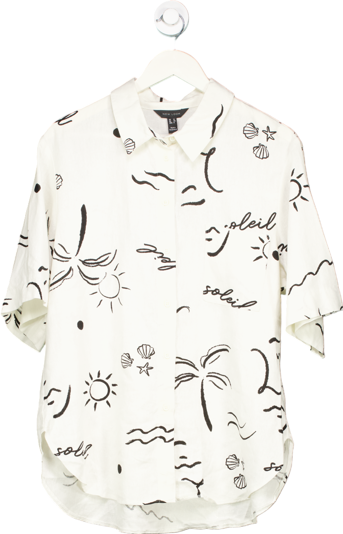 New Look White Soleil Print Linen Blend Shirt UK 12