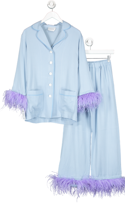 Sleeper Blue Party Feather Trimmed Twill Pyjama Set UK S