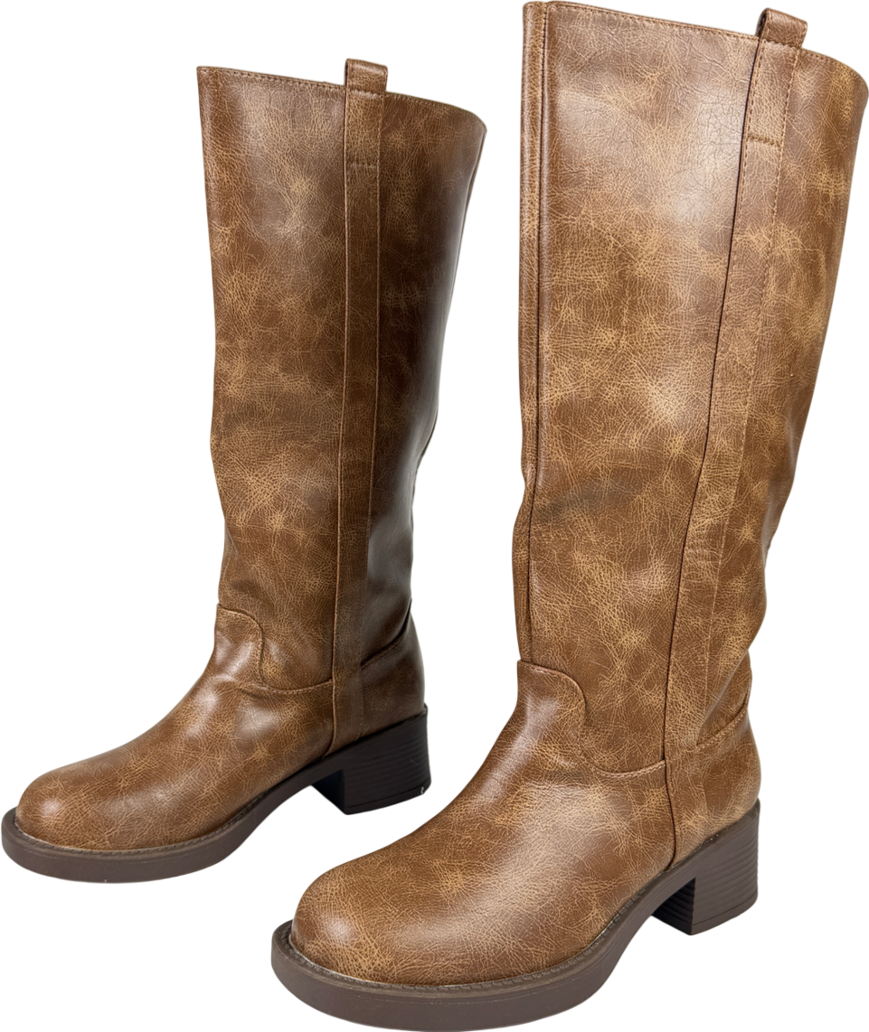White Fox Brown Lainey Knee High Boots Nude Faux Suede UK 4 EU 37 👠