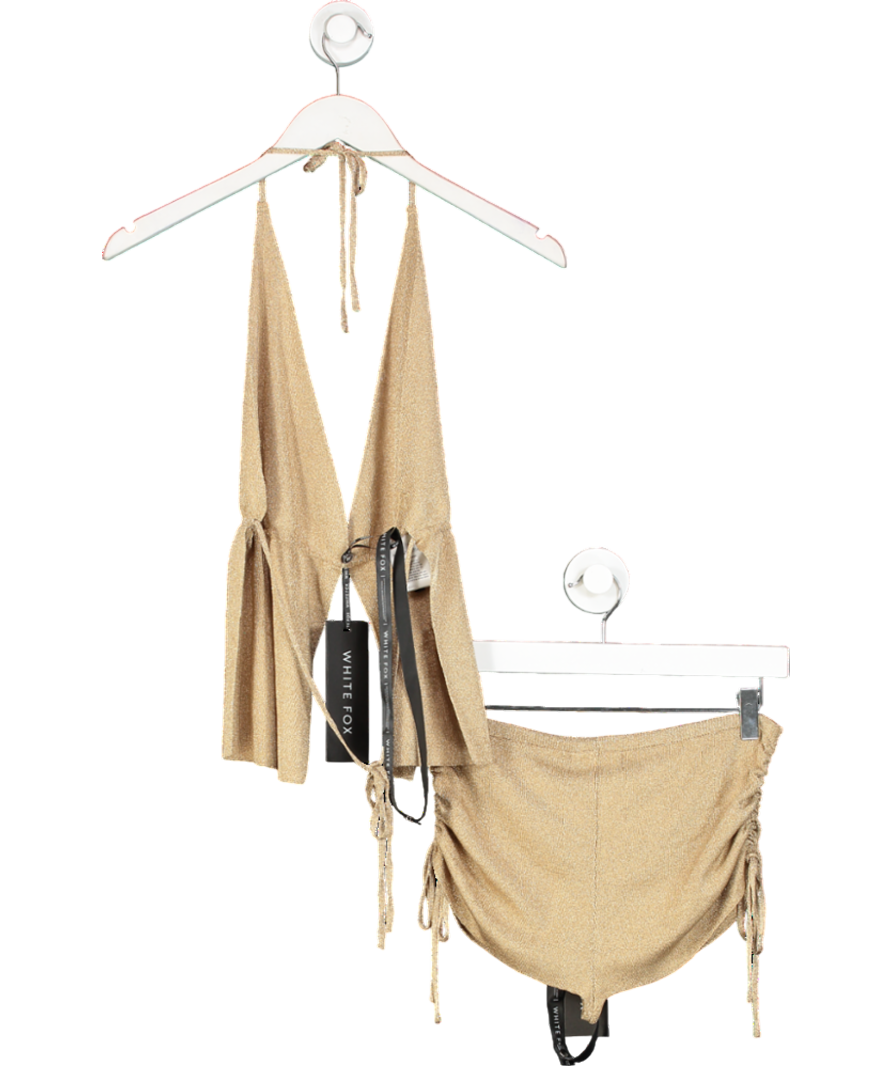 White Fox Beige Hidden Gem Halter Knit Top And Shorts Set UK M