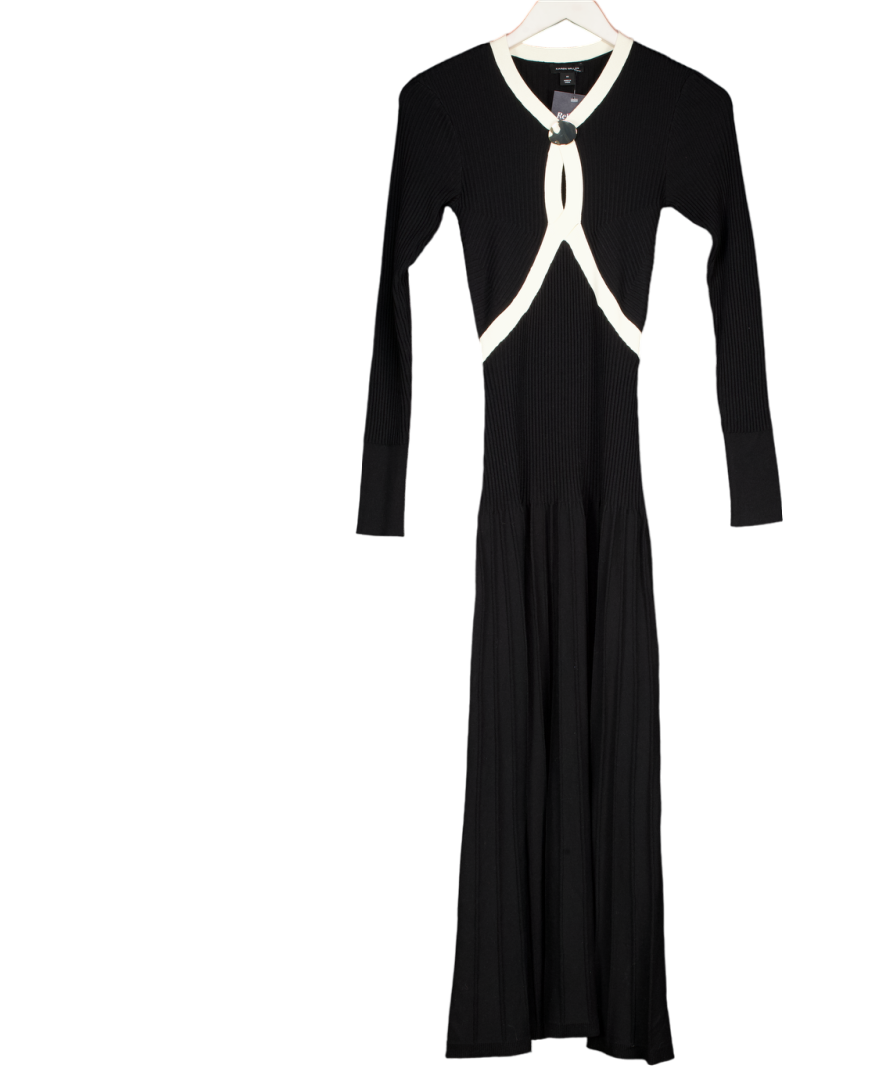 Karen Millen Black Rib Knit Trim Detail Full Skirt Midi Dress UK XS