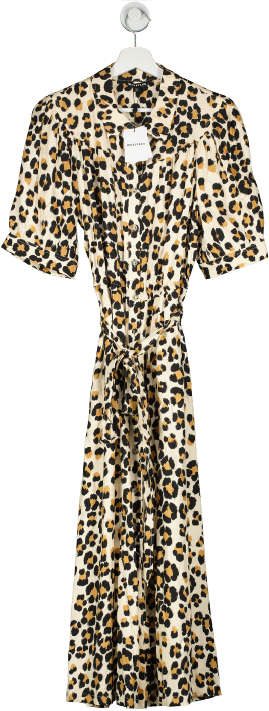 Whistles Beige Leopard-print Tied-waist Woven Shirt Midi Dress UK 14
