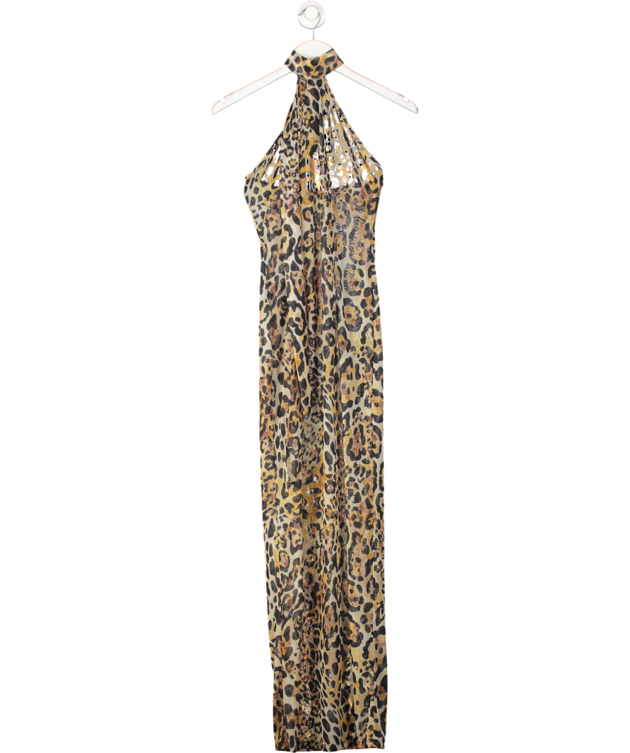 HALDEN Brown Halterneck Mesh Athena Dress - Leopard UK S/M