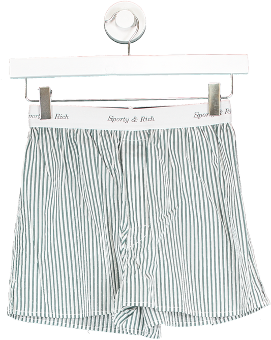 Sporty & Rich Green Logo Waistband Striped Cotton Boxer Shorts UK XS