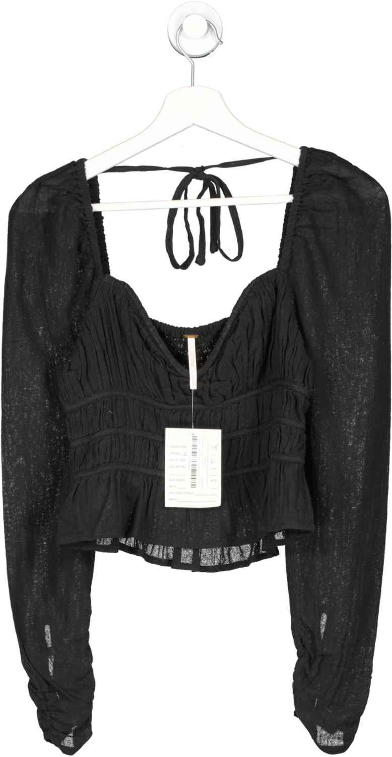 Free People Black Ruched Blouse With Structured Sweetheart Neckline UK XS