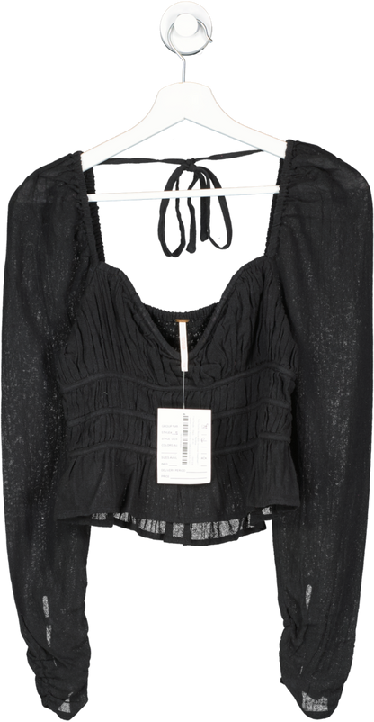 Free People Black Ruched Blouse With Structured Sweetheart Neckline UK XS