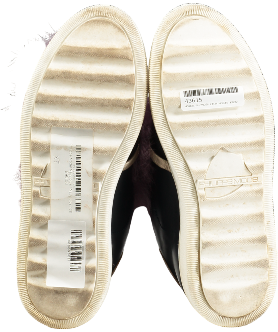 PHILIPPE MODEL Navy/ Purple Fur Trim Leather Trainers UK 5 EU 38 👠