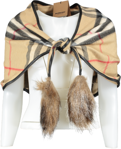 Burberry Beige 100% Cashmere Classic Check Scarf With Lamb Leather Trim And Faux-fur Tassels BNWT