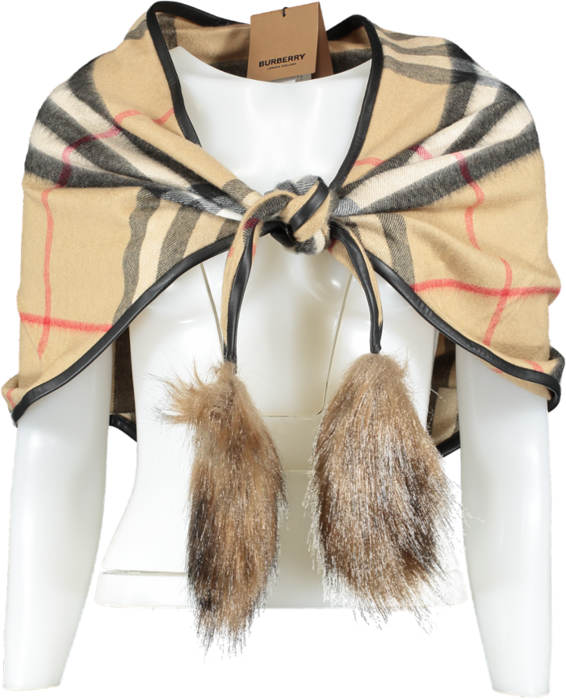 Burberry Beige 100% Cashmere Classic Check Scarf With Lamb Leather Trim And Faux-fur Tassels BNWT