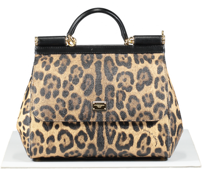 Dolce & Gabbana Brown Leopard Print Coated Canvas And Leather Medium Sicily Top Handle bag