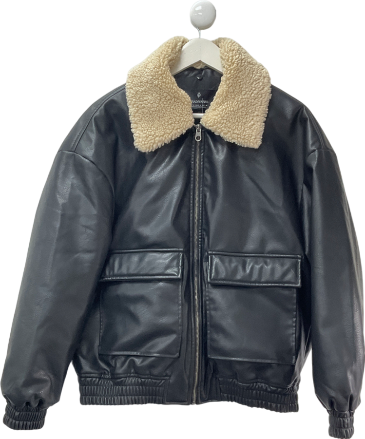 Stradivarius Black Leather Bomber Jacket With Borg Collar UK L
