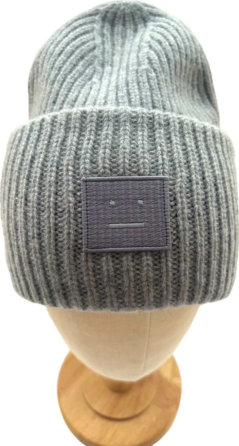 Acne Studios Grey Large Face Logo Ribbed Wool Beanie Hat One Size