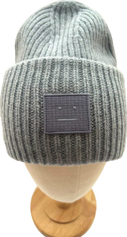 Acne Studios Grey Large Face Logo Ribbed Wool Beanie Hat One Size