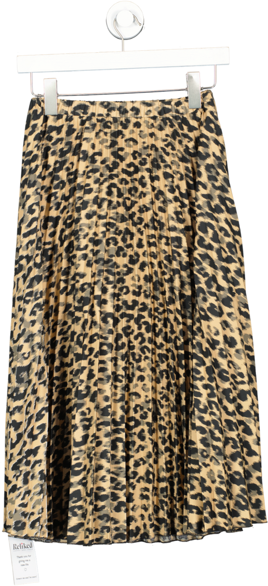 HALOGEN Brown Animal Print Pleated Elastic Waist Midi Skirt UK XXS