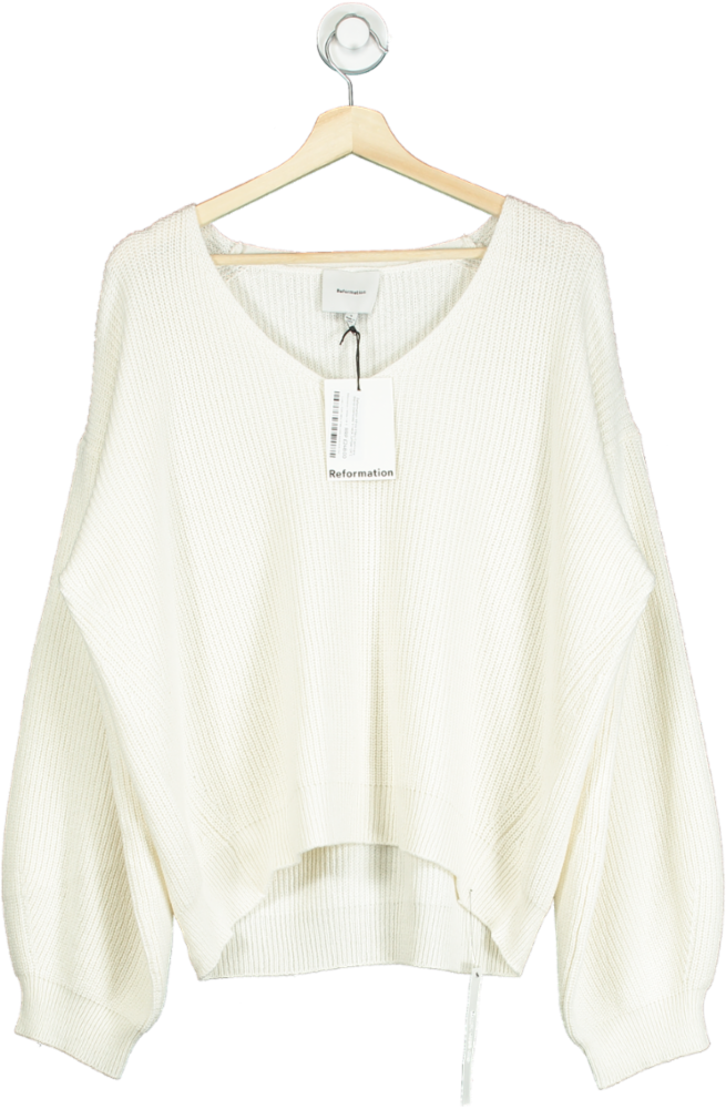 Reformation White Ellery Cashmere Blend Oversized V-neck Jumper UK S