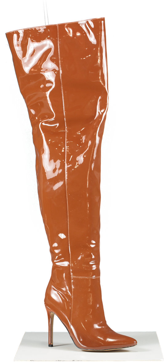 PrettyLittleThing Brown Patent Pu Over The Knee Heel Boots UK 8 EU 42 👞
