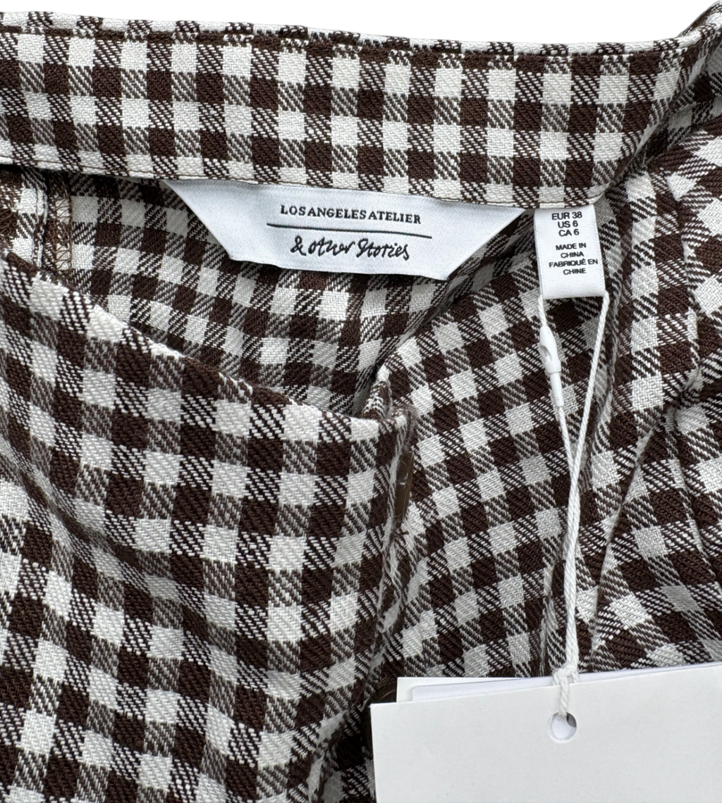 & Other Stories Brown Linen Puff Sleeve Gingham Top UK 10