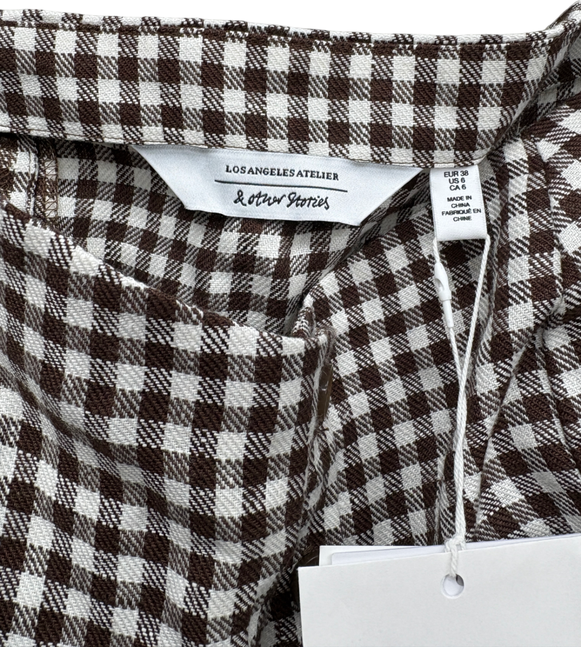 & Other Stories Brown Linen Puff Sleeve Gingham Top UK 10