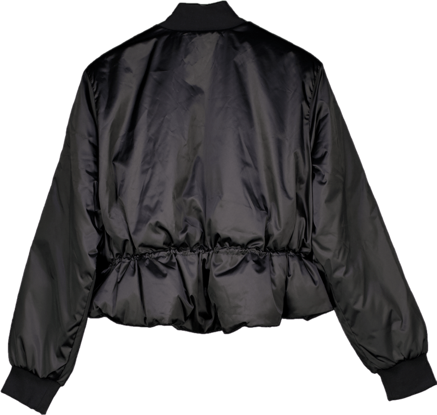 ADIDAS Originals Black Satin Three Stripe Cinched Waist Bomber Jacket UK 10