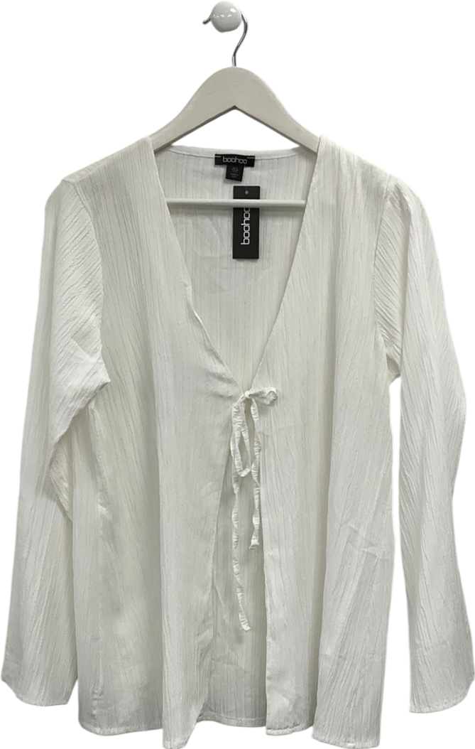 boohoo White Woven Crinkle Tie Front Top UK 12