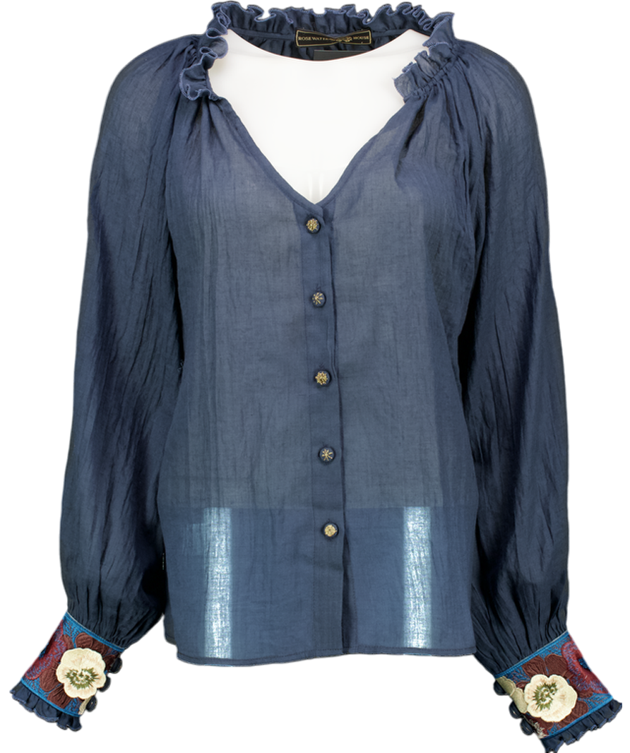 Rosewater House Navy Blue Pansy Embroidered Cuff Blouse One Size