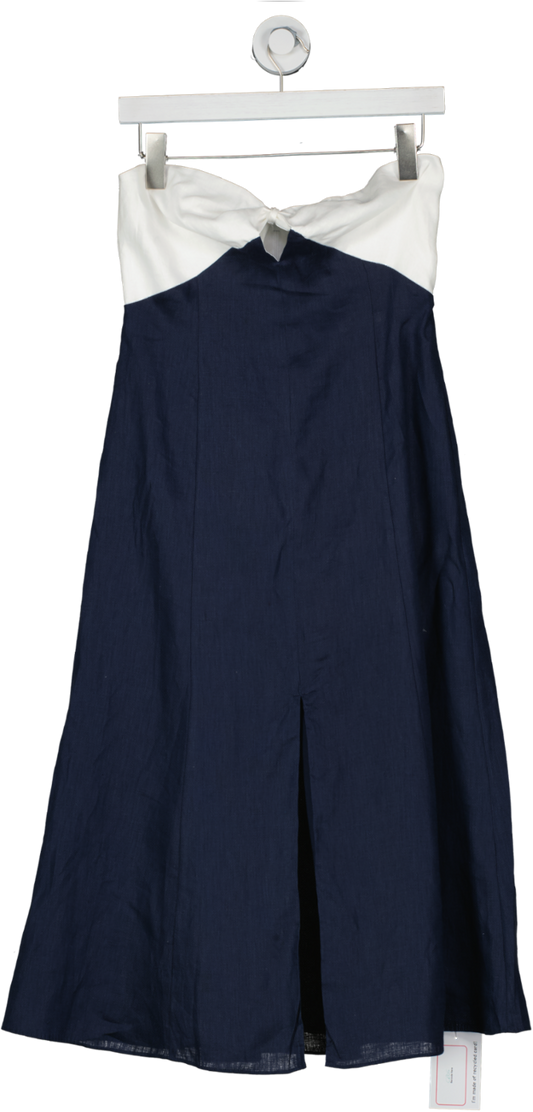 REISS Blue Reiss Sian Linen Colour Block Midi Dress UK 8