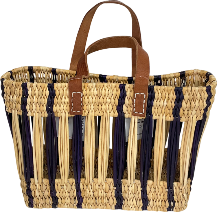 Beige Decorative Reed Basket, Indigo Stripe Straw Bag