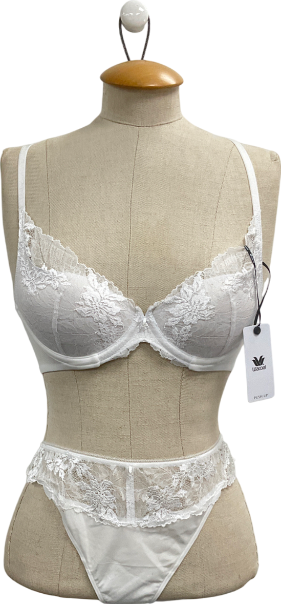 Wacoal White Most Divine Lace Plunge Bra & Most Divine Lace Thong UK 30C