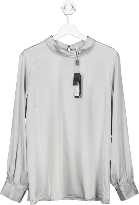 LILYSILK Grey Stand Collar Long Sleeves Silk Blouse UK L