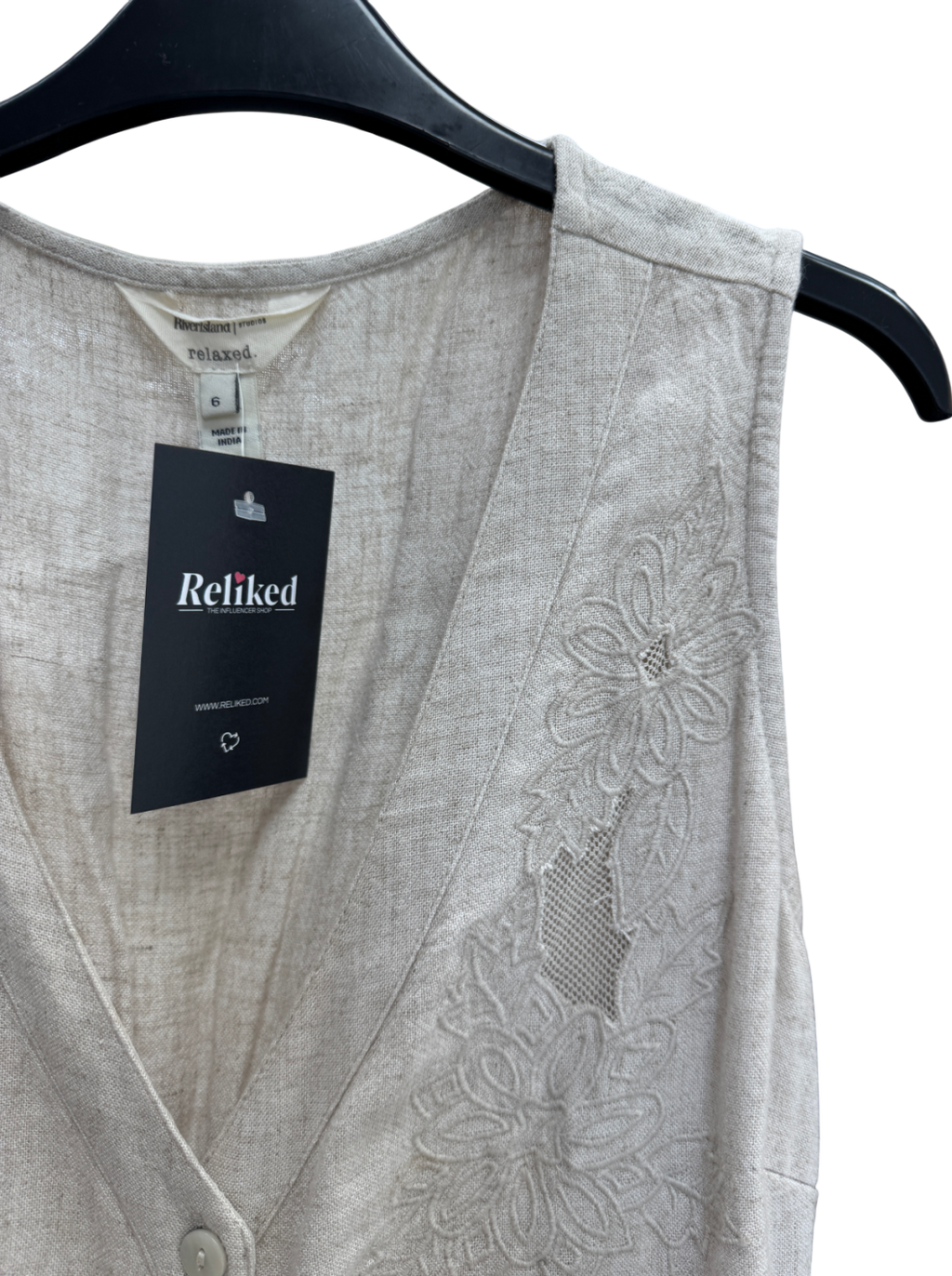 River Island Beige Natural Linen-blend Embroidered Midi Dress UK 6