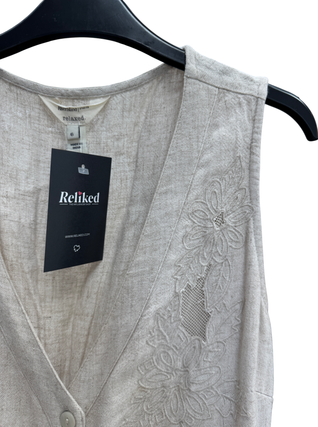 River Island Beige Natural Linen-blend Embroidered Midi Dress UK 6