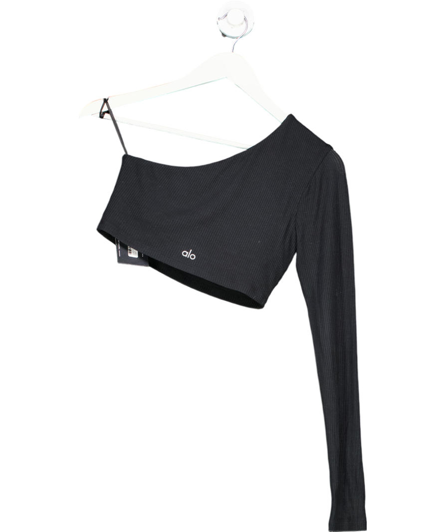 alo yoga Black Asymmetric Long Sleeve Ribbed Top UK S