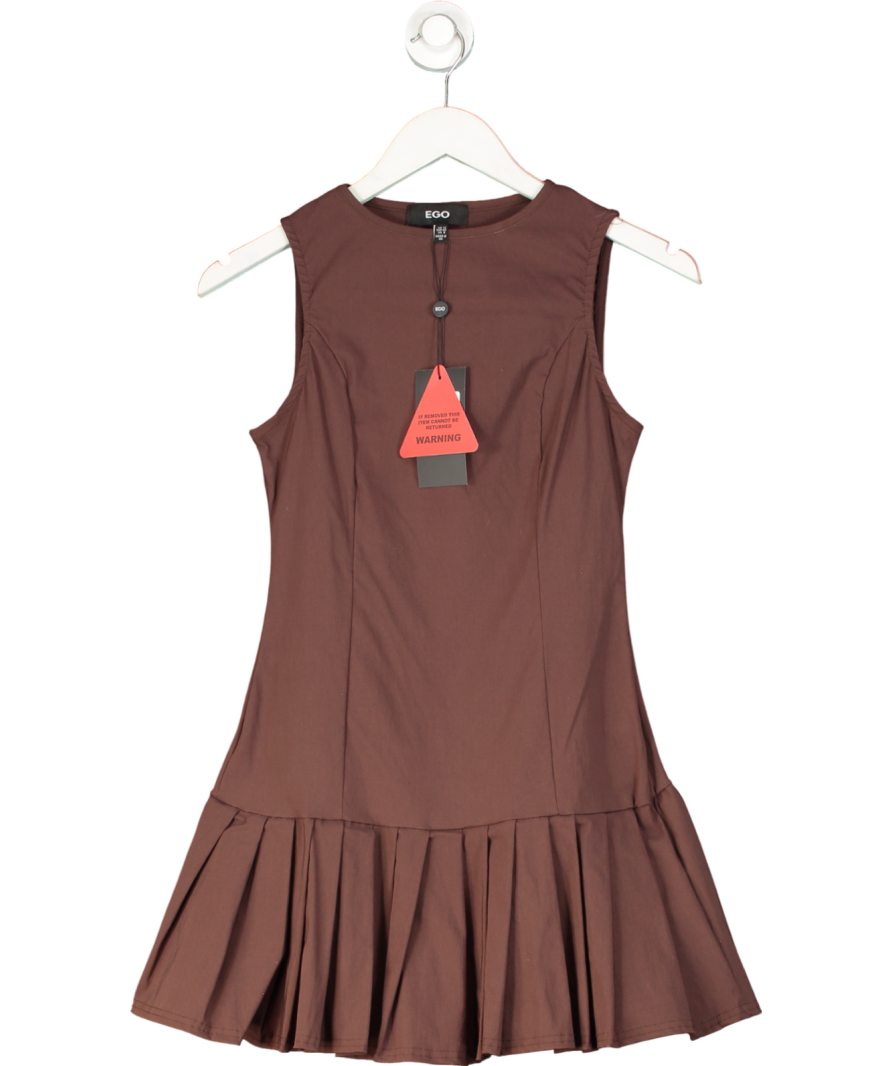 Ego Racer Neck Pleated Hem Mini Dress In Chocolate Brown UK 12