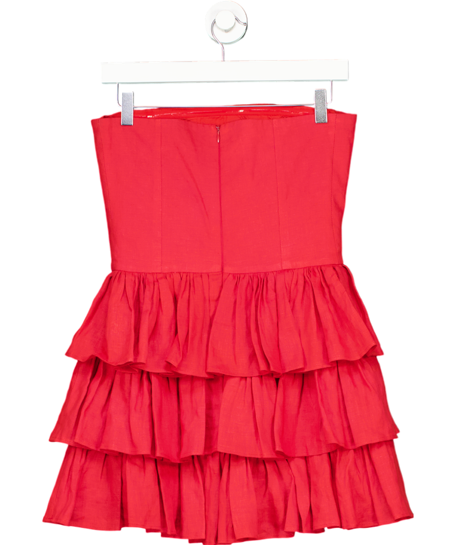 Labeca Red Mila Goji Linen Strapless Mini Ruffle Dress UK S