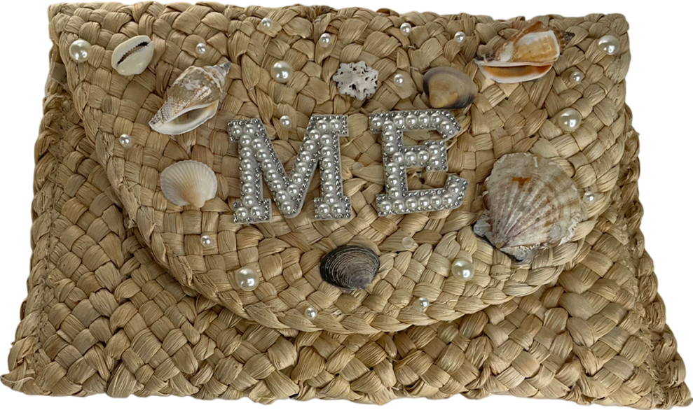 Beige Personalised Wicker Shell embeillished Clutch "ME" Initials One Size