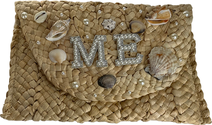 Beige Personalised Wicker Shell embeillished Clutch "ME" Initials One Size