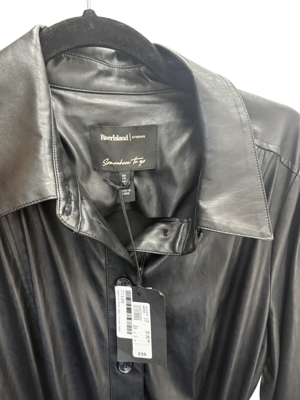 River Island Black Faux Leather Midi Shirt Dress UK 14