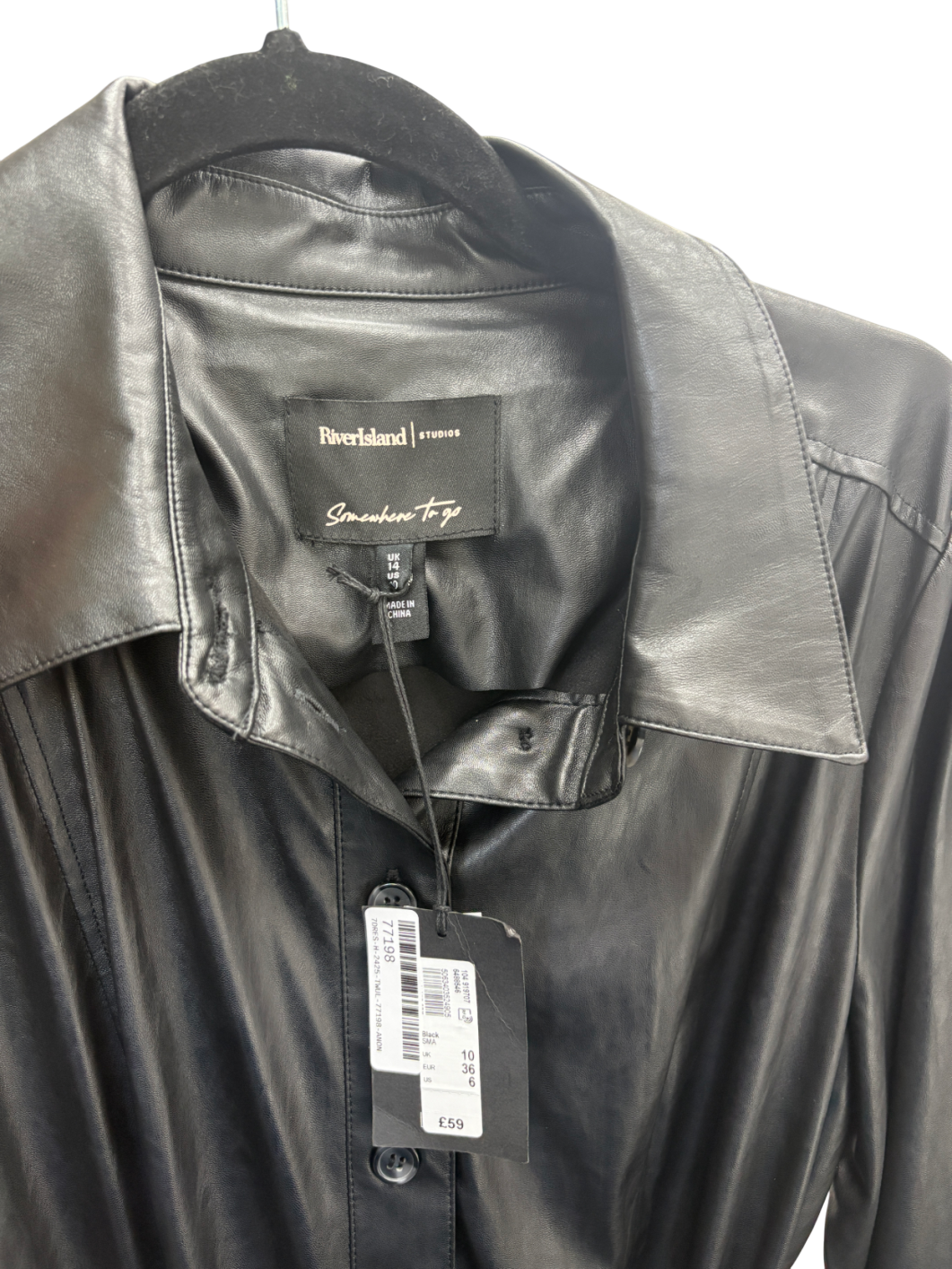 River Island Black Faux Leather Midi Shirt Dress UK 14