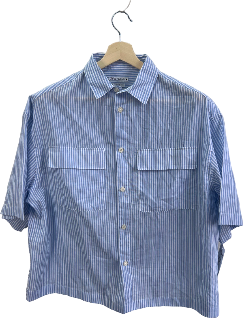 Zara Blue Striped Short Sleeve Shirt Relaxed Fit Medium