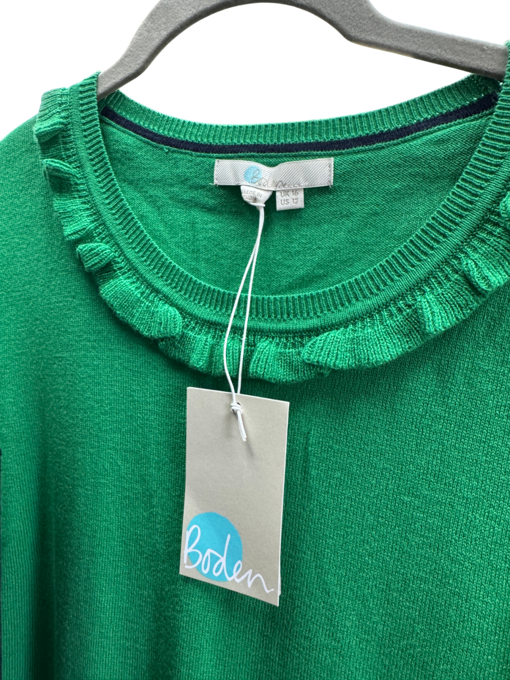 Boden Green Wool/cotton Blend Frill Neck Jumper UK 16