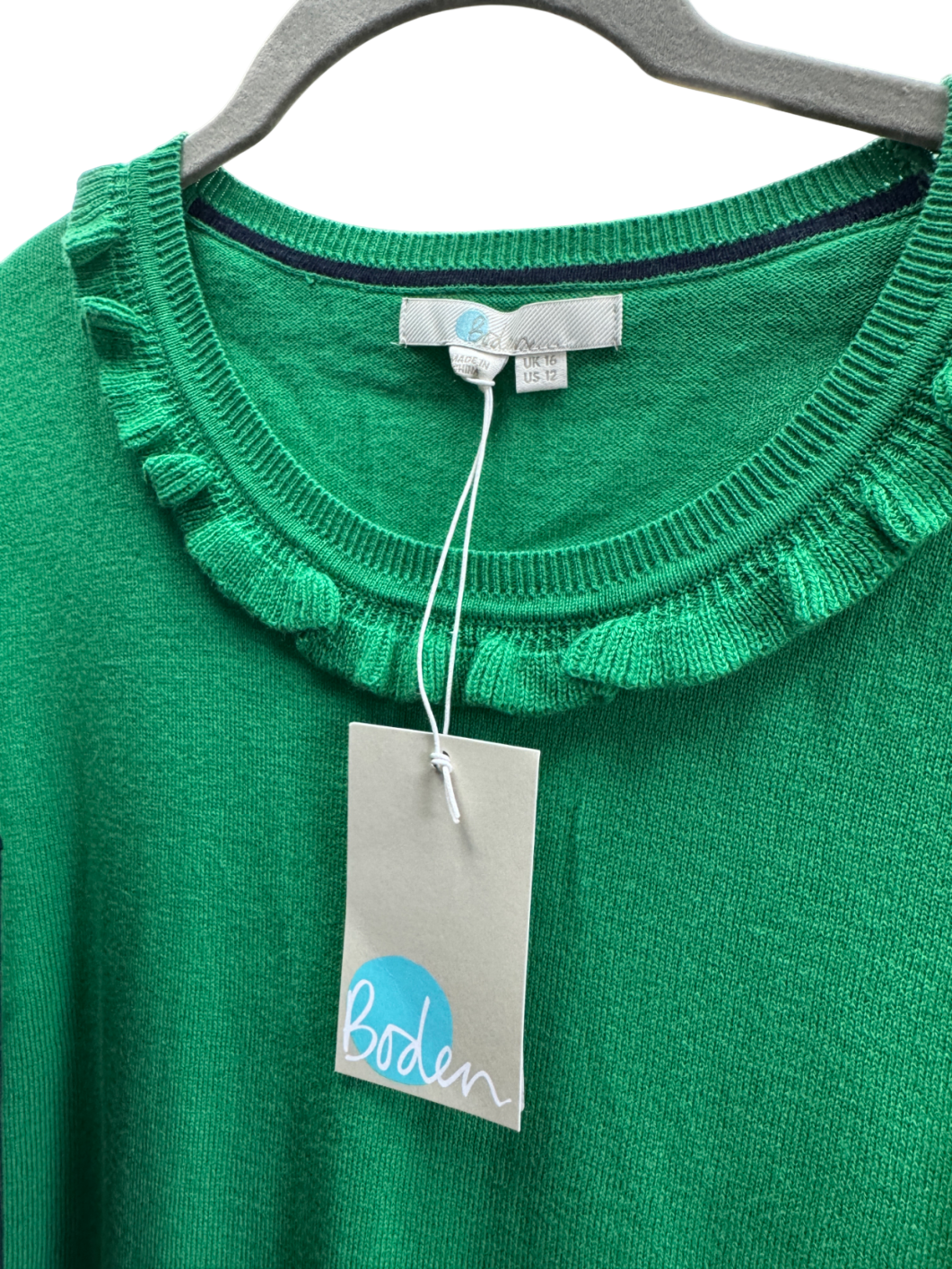 Boden Green Wool/cotton Blend Frill Neck Jumper UK 16