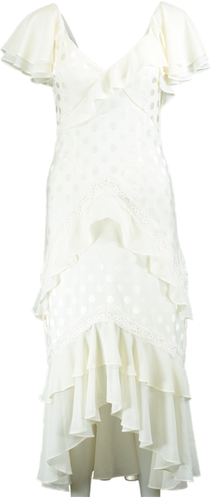 Three Floor Off White Frilled Polka Dot Dress UK 8