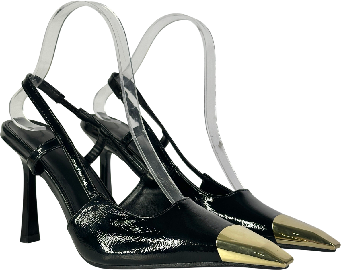 Black Patent Faux Leather Gold Capped Heels UK 4 EU 37 👠