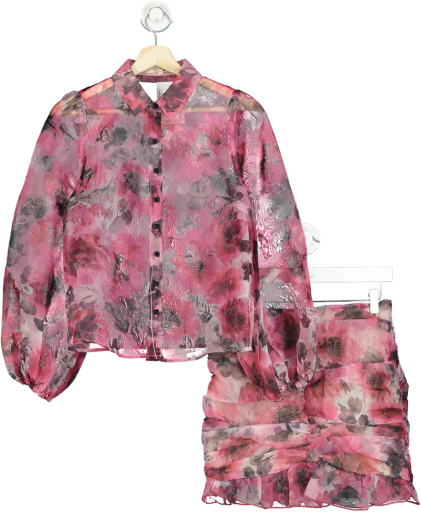 Fanco Pink Floral Sheer Blouse and Skirt Set UK S