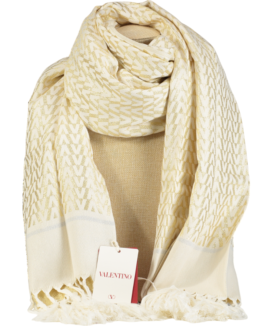Valentino Garavani Metallic Gold / Ivory Fringed Logo Scarf In Box One Size