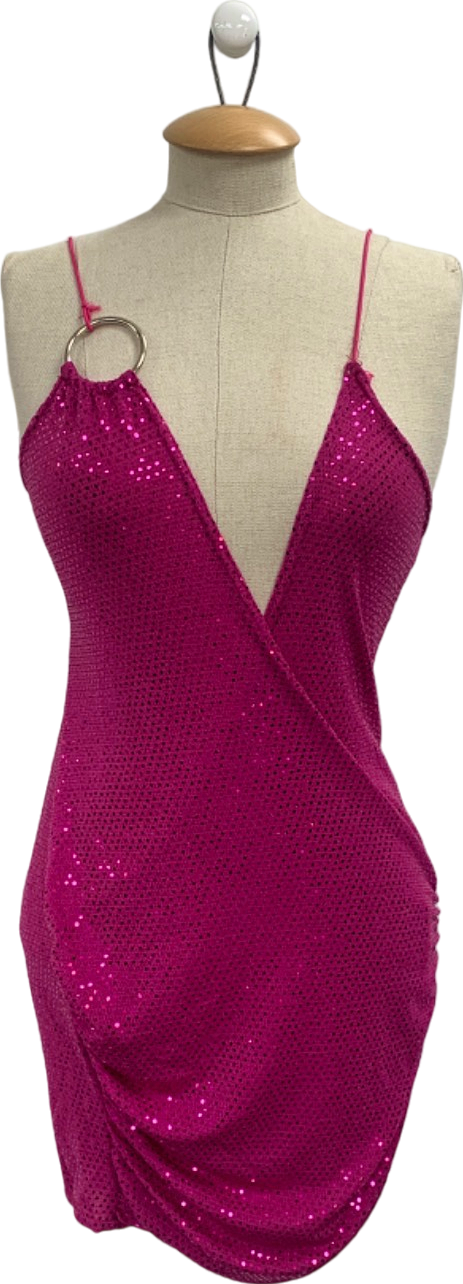 Pretty Little Thing Pink Textured Glitter Ring Detail Extreme Plunge Bodycon Dress UK 8