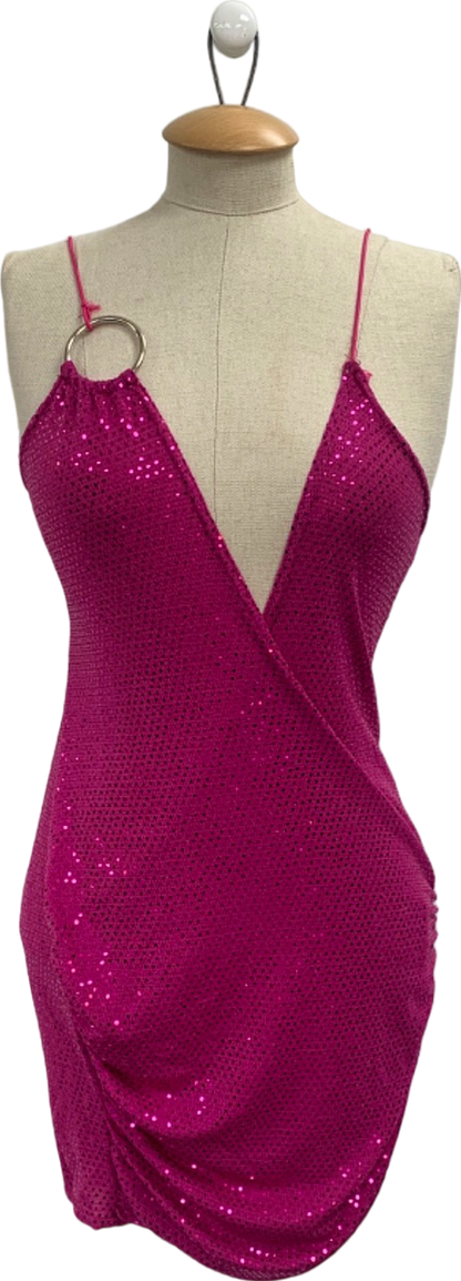 Pretty Little Thing Pink Textured Glitter Ring Detail Extreme Plunge Bodycon Dress UK 8