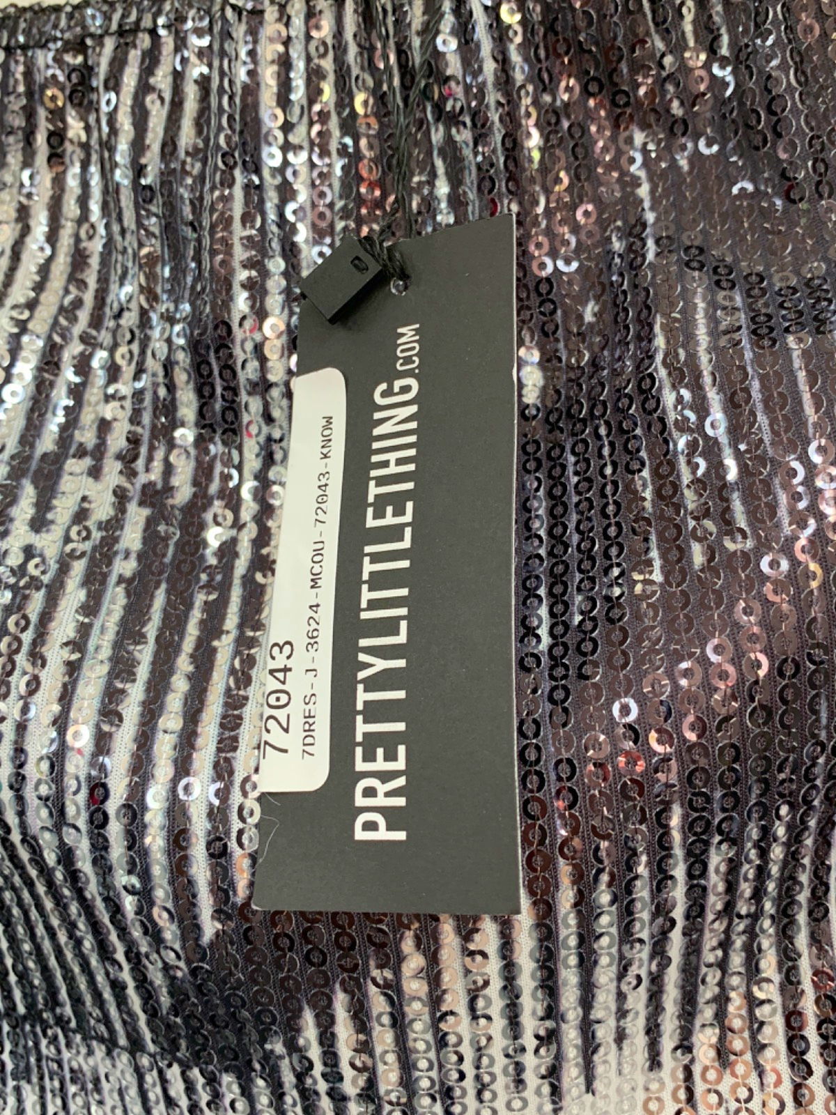 PrettyLittleThing Silver Printed Sequin Glitter Bandeau Bodycon Dress UK 8