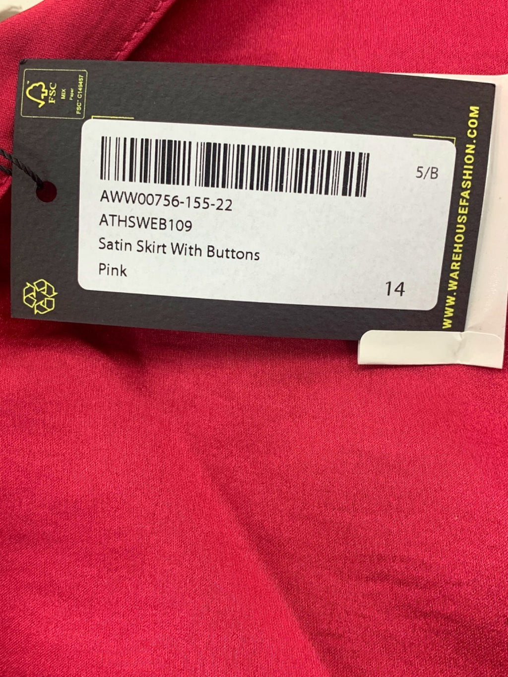 Warehouse Pink Satin Skirt With Buttons UK 14